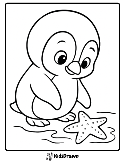 curious baby penguin looking at a starfish on the beach, creative Penguin Coloring Pages for kids