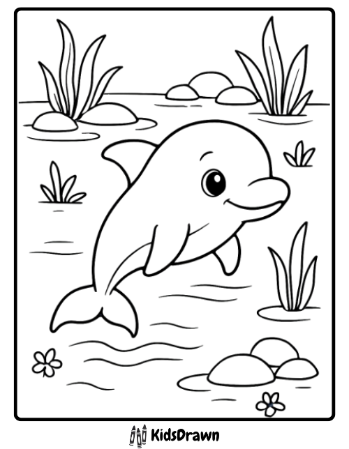 Happy baby dolphin swimming peacefully in a calm lagoon surrounded by plants and rocks — printable dolphin coloring page for kids