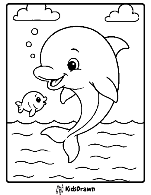Smiling baby dolphin playing peekaboo with a little fish underwater fun ocean life coloring sheet for kids by KidsDrawn