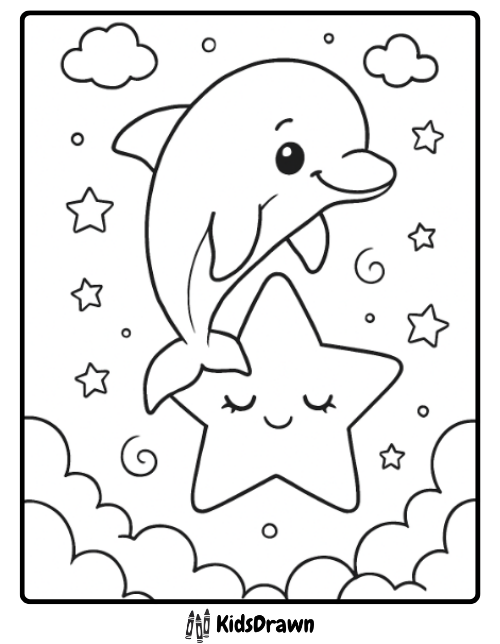 Cute baby dolphin jumping over a smiling star surrounded by clouds and stars — dreamy night sky dolphin coloring sheet by KidsDrawn