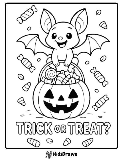 Cute bat sitting on pumpkin candy bucket with Trick or Treat text, fun Halloween bat coloring page for kids by KidsDrawn