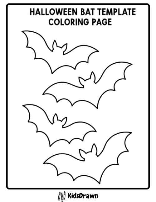 Simple flying bat outlines Halloween bat template coloring page, printable bat silhouette for crafts and decorations