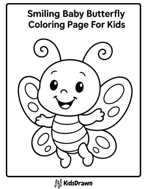 Smiling baby butterfly cartoon coloring page for kids, featuring large eyes, antennae, a striped body, and cute round wings with simple spots