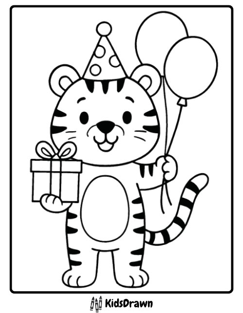 Smiling tiger with balloons and gift box festive birthday themed tiger coloring pages for kids