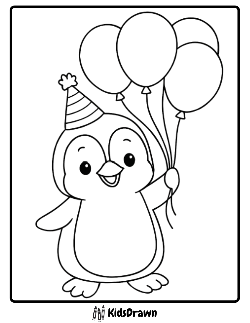 festive penguin holding balloons and wearing a party hat, joyful Penguin Coloring Pages for celebrations