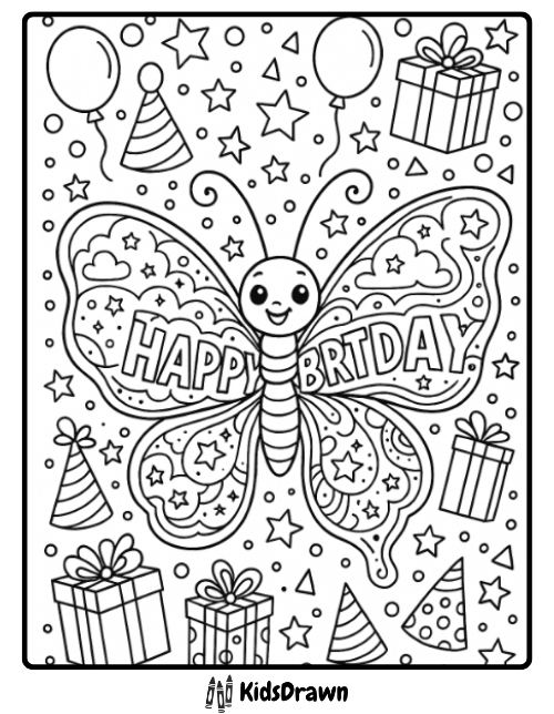 Happy Birthday coloring page featuring a cute butterfly with 'HAPPY BRT-DAY' text on its wings, surrounded by party hats, gift boxes, balloons, stars, and confetti. Fun birthday activity for kids