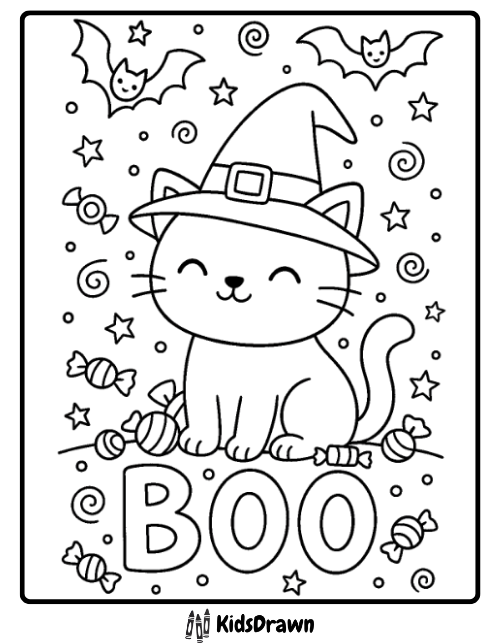 Cute Halloween cat coloring page featuring a smiling kitty wearing a witch hat surrounded by bats, stars, candies, and the word BOO — fun printable activity for kids