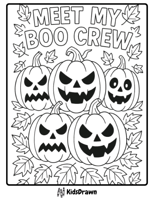Meet My Boo Crew pumpkin coloring page with five spooky jack-o-lantern faces and autumn leaves — free printable Halloween coloring sheet for kids