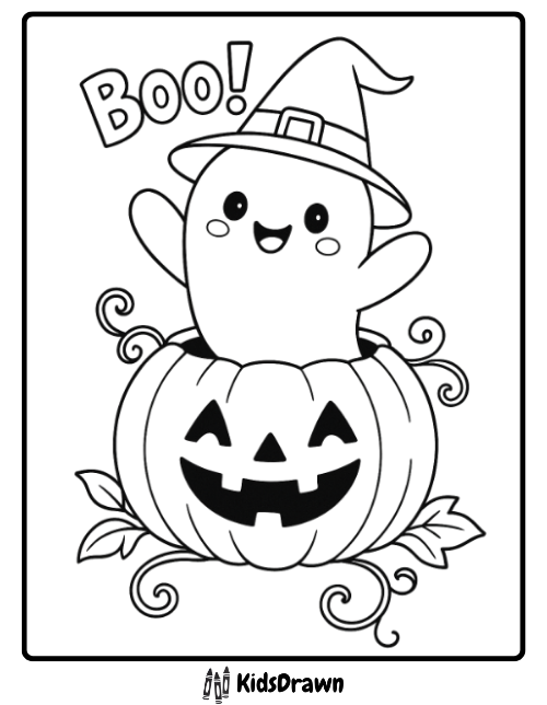 Adorable Halloween ghost coloring page with a smiling ghost popping out of a jack-o-lantern pumpkin wearing a witch hat and saying BOO — fun and easy printable for children