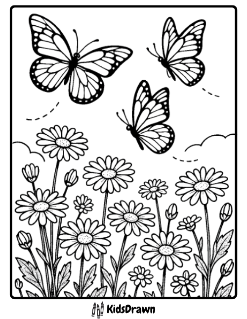 Springtime coloring page of three monarch-style butterflies flying over a field of daisies and other flowers beneath a cloudy sky. Detailed nature and garden scene for coloring