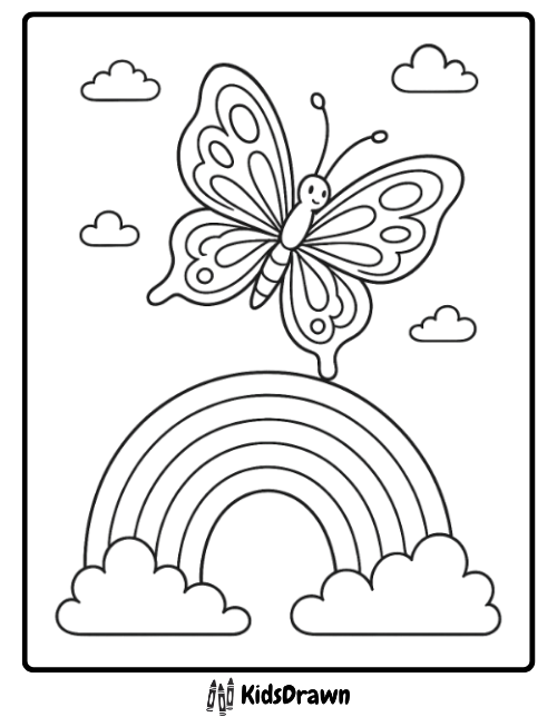 Simple cartoon coloring page of a smiling butterfly floating above a large rainbow and fluffy clouds. Easy and cheerful nature-themed design for young children