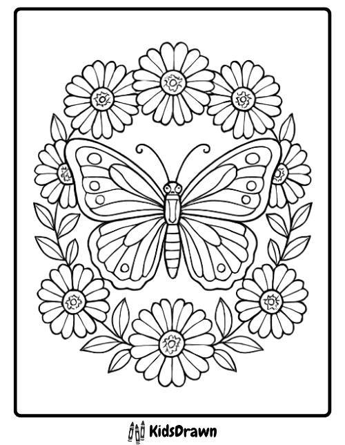 Intricate butterfly coloring page surrounded by a circular wreath of daisies and leaves. Detailed nature mandala-style pattern for adults and older kids
