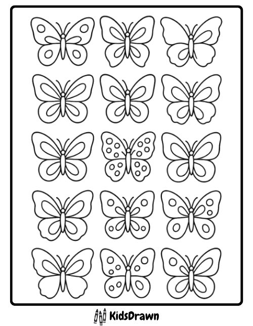 Collection of fifteen simple butterfly outline coloring patterns on one page, featuring different wing shapes and spots for easy multiple coloring