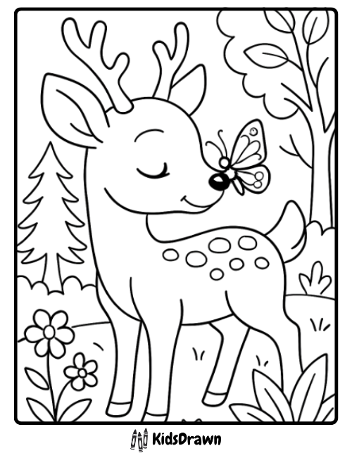 Adorable coloring page of a cute spotted fawn (baby deer) with small antlers standing in a forest, gently smiling while a butterfly rests on its nose