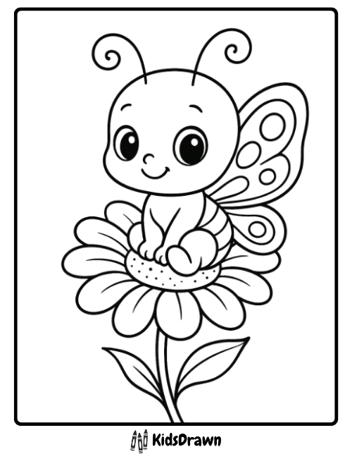 Adorable cartoon baby butterfly with big eyes sitting on a daisy flower coloring page for toddlers and preschoolers. Cute spring coloring activity