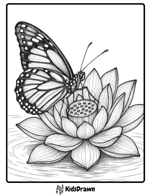 Detailed adult coloring page of a monarch butterfly resting on a blooming lotus flower on the water, with intricate shading and reflections