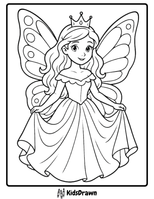 Coloring page of a beautiful fairy princess with large butterfly wings, a crown, and a long flowing dress