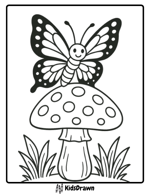 Coloring page of a happy cartoon butterfly with spotted wings resting on a polka-dot mushroom surrounded by grass