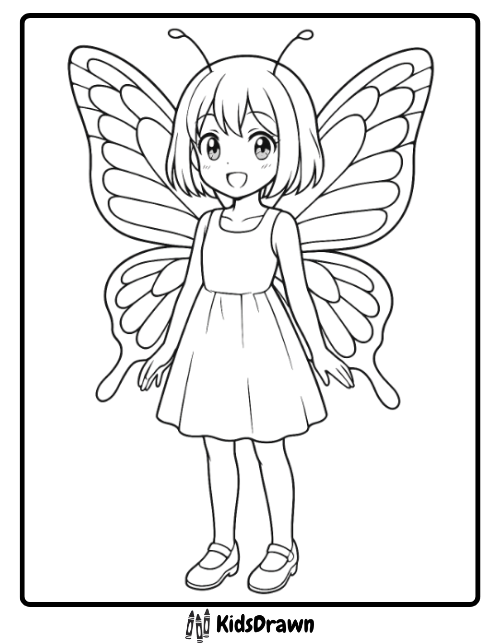 Coloring page of a cute anime girl with short hair, large butterfly wings, and antennae wearing a dress