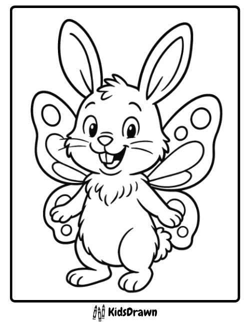 Coloring page of a cute, smiling cartoon bunny with large butterfly wings, ready for a spring activity