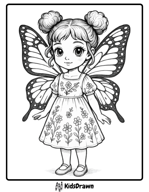 Coloring page of an adorable girl with hair buns, large monarch-style butterfly wings, and a floral dress