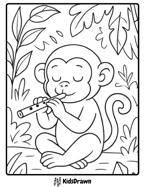 Calm cartoon monkey playing flute in jungle coloring page for kids