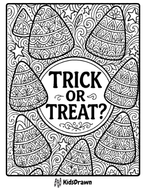 Detailed Halloween candy corn coloring page with intricate geometric patterns, stars, and the bold phrase Trick or Treat in the center perfect festive printable for kids