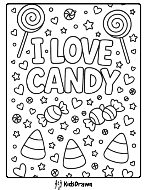 I Love Candy coloring page filled with lollipops, candy corn, hearts, and stars — joyful Halloween candy-themed printable for children