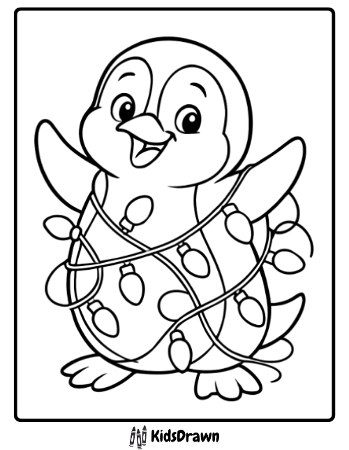 cheerful penguin tangled in Christmas lights, fun holiday Penguin Coloring Pages for kids