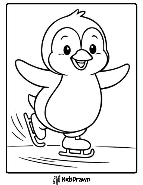 happy penguin skating on ice, joyful winter Penguin Coloring Pages for children