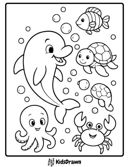 Happy cartoon dolphin swimming with sea turtle, crab, octopus, and fish — cute underwater animal friends coloring page by KidsDrawn