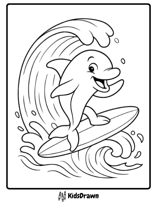 Happy cartoon dolphin surfing on a board with splashing waves playful ocean sports coloring page for kids by KidsDrawn