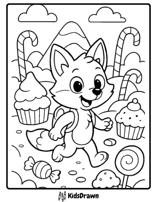 Cartoon fox walking in candyland adventure coloring page