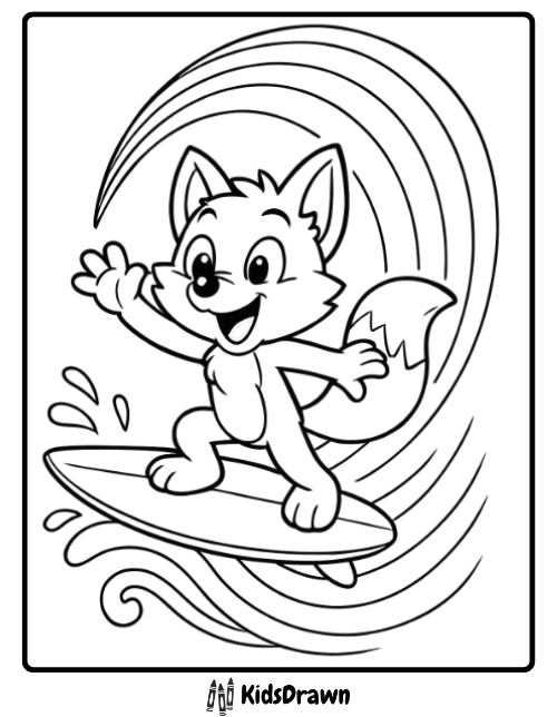 Cute cartoon fox surfing on a wave rainbow background coloring page