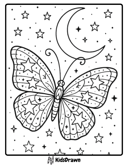 Coloring page of a celestial butterfly with star patterns on its wings, floating in a night sky with a crescent moon