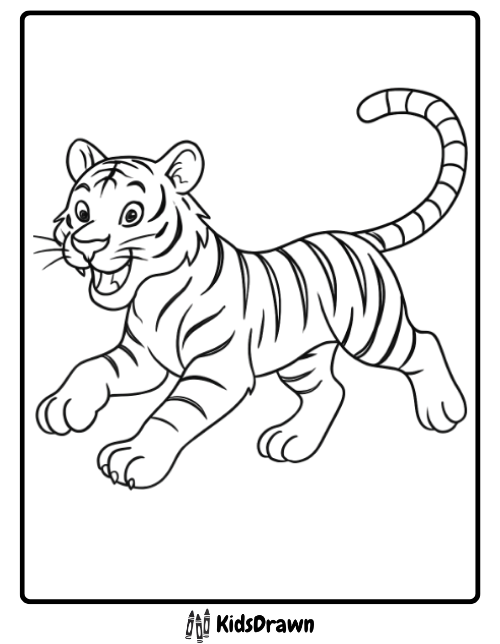 Playful tiger running energetically fun and dynamic tiger coloring pages for children who love adventure