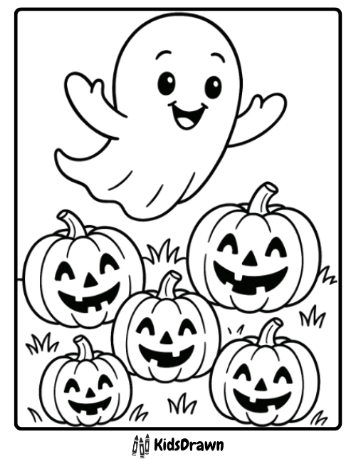 Happy Halloween ghost coloring page featuring a cheerful ghost floating over five smiling jack-o-lantern pumpkins — easy and fun printable for kids