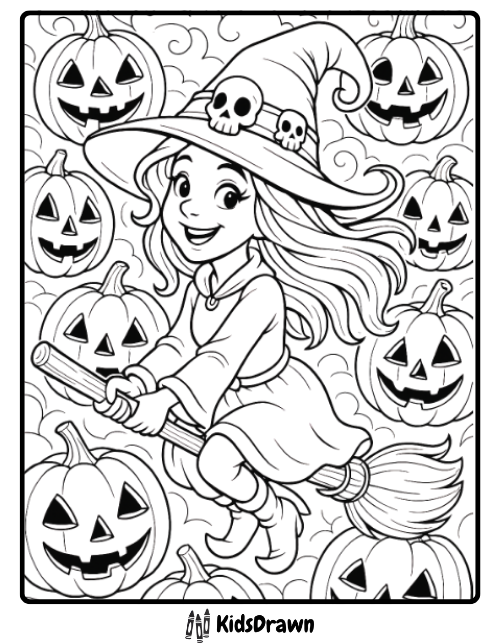 Witch flying over pumpkins and skulls