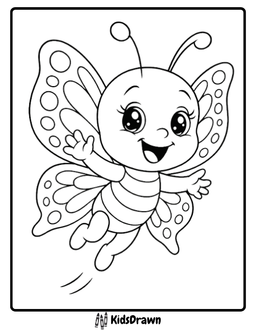 Coloring page of a cheerful baby butterfly cartoon with big eyes, polka-dot wings, and a striped body flying happily