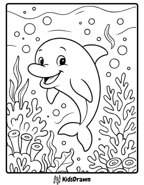 Smiling cheerful dolphin swimming through coral reefs and bubbles — ocean underwater coloring page for kids by KidsDrawn