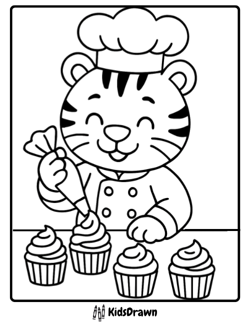 Smiling tiger chef decorating cupcakes adorable food themed tiger coloring pages for young artists
