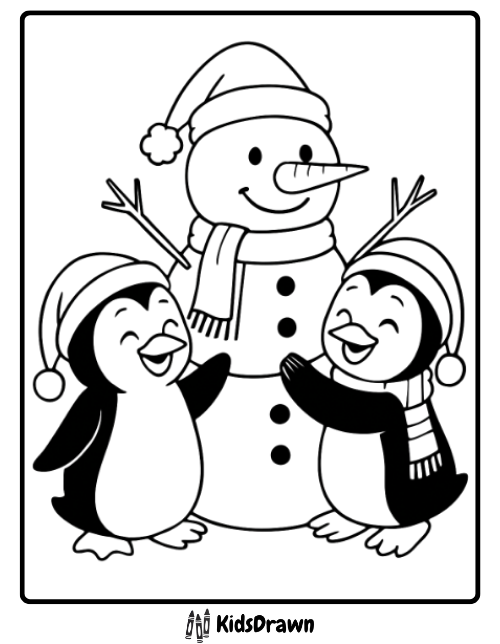 → Christmas Penguins Building Snowman two penguins wearing winter hats building a snowman, fun seasonal Penguin Coloring Pages.
