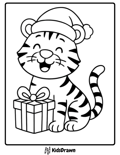Happy tiger wearing a Santa hat with a gift festive holiday tiger coloring pages for kids to enjoy