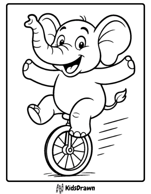 Happy elephant riding a circus unicycle, fun addition to elephant coloring pages