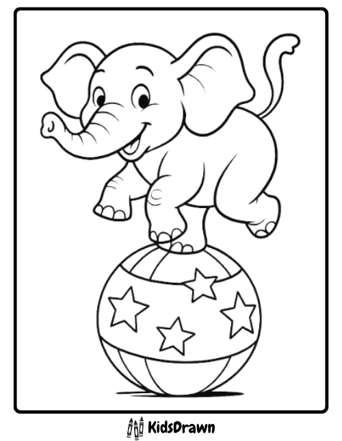 Cheerful baby elephant balancing on a circus ball, perfect for elephant coloring pages