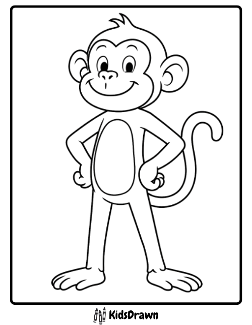 Confident cartoon monkey with hands on hips coloring sheet for children