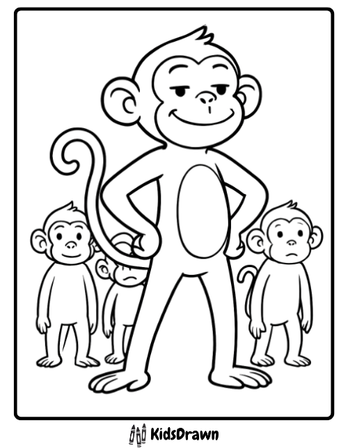 Confident cartoon monkey leading group of friends coloring page for kids