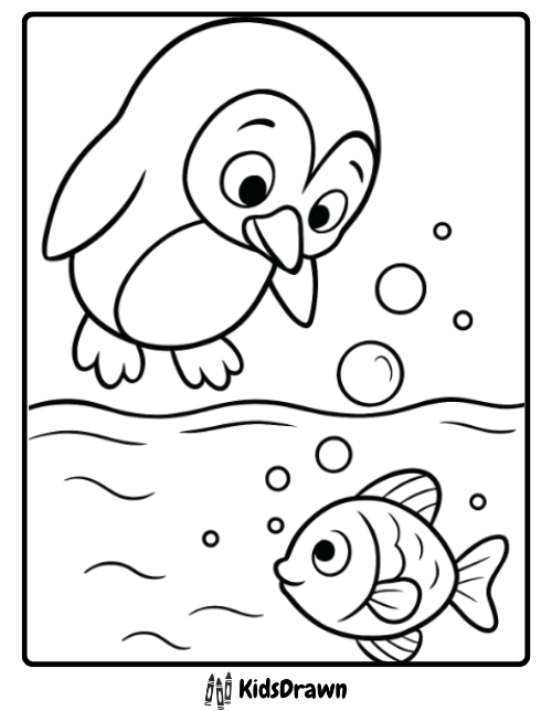 Curious Penguin Fish Bubbles cute penguin watching a fish underwater, creative Penguin Coloring Pages for kids