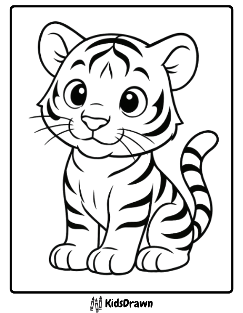 Adorable young tiger sitting with bright eyes cute and simple tiger coloring pages for kids to enjoy.