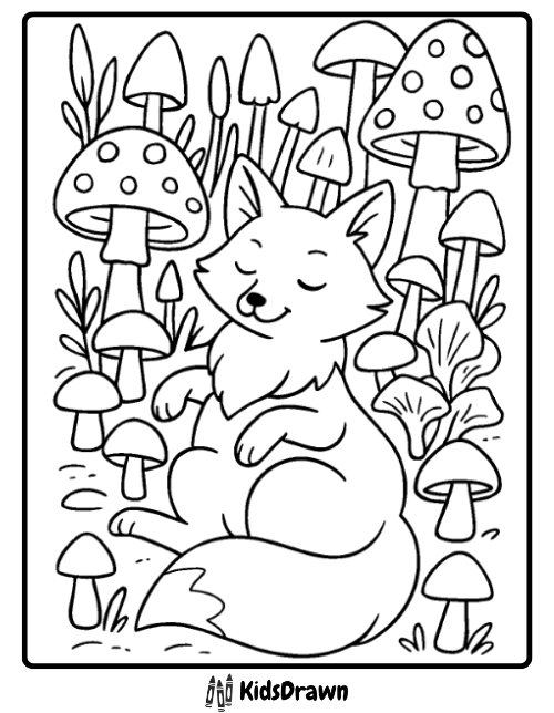 Fox coloring page of a curious fox among forest mushrooms